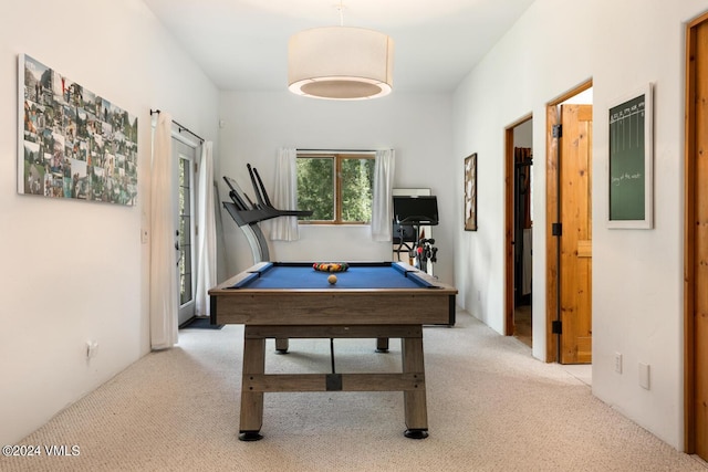 game room with billiards and light carpet