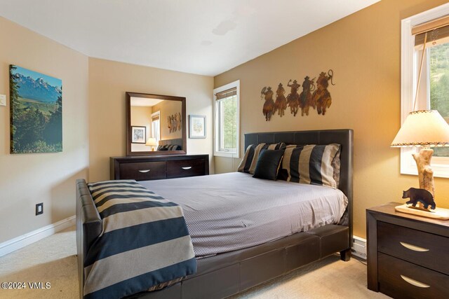 bedroom with light colored carpet