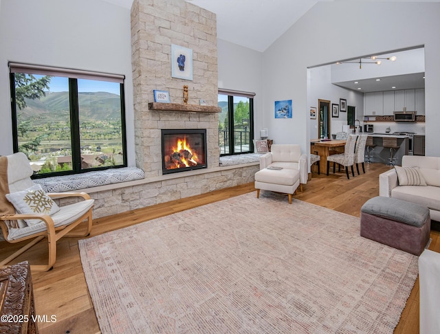 654 Gold Dust Dr W, Edwards, CO 81632 - living area with high vaulted ceiling, light wood-style flooring, plenty of natural light, and a stone fireplace