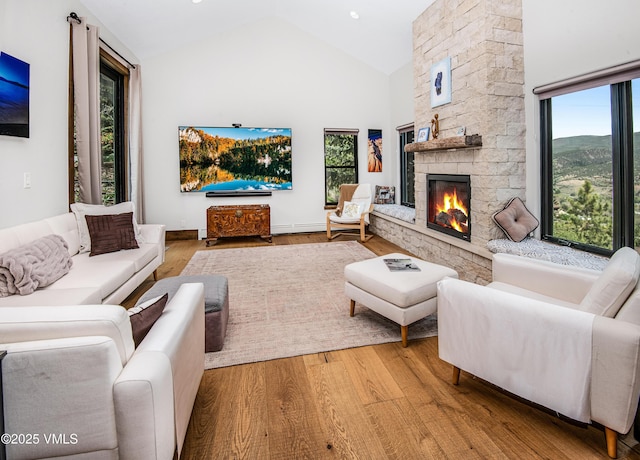 654 Gold Dust Dr W, Edwards, CO 81632 - living area featuring wood finished floors, a stone fireplace, and high vaulted ceiling