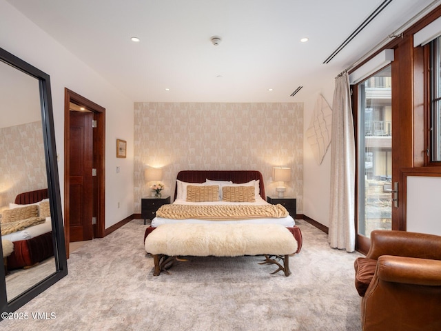 bedroom with recessed lighting, light colored carpet, wallpapered walls, and baseboards