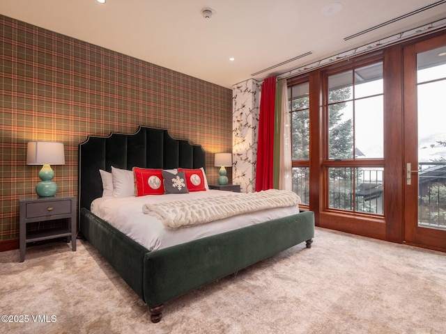 carpeted bedroom featuring recessed lighting and wallpapered walls