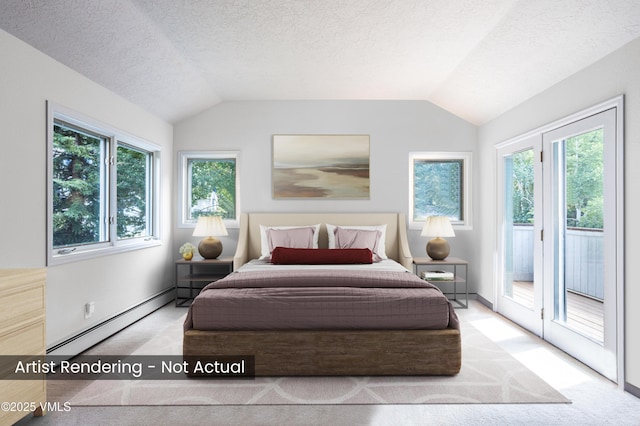 780 Deer Blvd, Avon, CO 81620 - bedroom featuring a baseboard heating unit, access to exterior, lofted ceiling, carpet flooring, and multiple windows