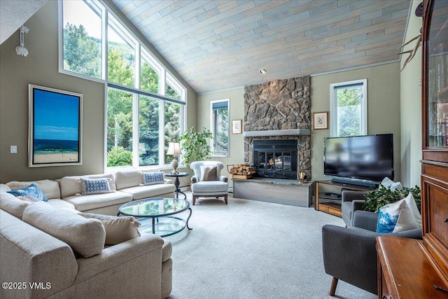 780 Deer Blvd, Avon, CO 81620 - carpeted living area featuring a stone fireplace, high vaulted ceiling, and wood ceiling