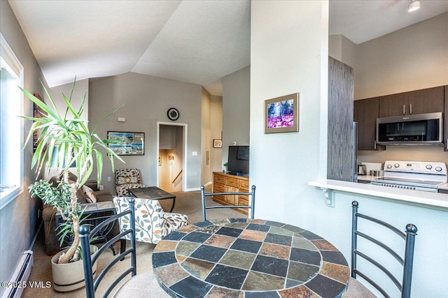 780 Deer Blvd, Avon, CO 81620 - dining room with a baseboard radiator, vaulted ceiling, and dark carpet