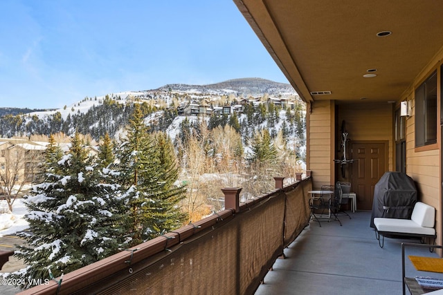 snow covered back of property with grilling area and a mountain view