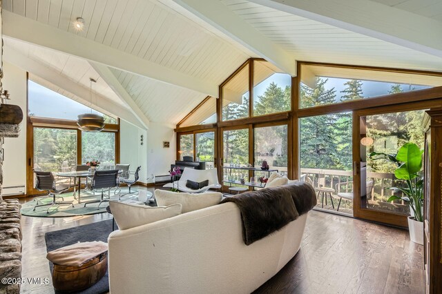 8 Charolais Cir, Edwards, CO 81632 - living room with a baseboard radiator, wood finished floors, beamed ceiling, and high vaulted ceiling