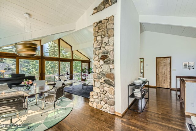 8 Charolais Cir, Edwards, CO 81632 - dining room with high vaulted ceiling, wood finished floors, and a wooden ceiling with exposed beams