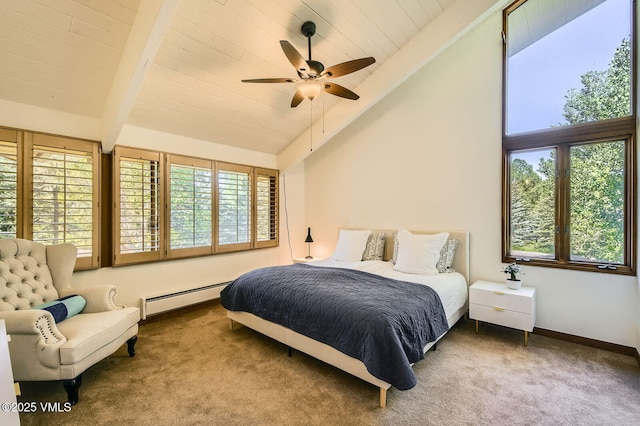 8 Charolais Cir, Edwards, CO 81632 - bedroom featuring a baseboard heating unit, carpet flooring, wooden ceiling, and a ceiling fan
