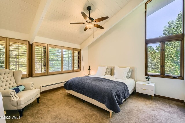 8 Charolais Cir, Edwards, CO 81632 - bedroom featuring a baseboard heating unit, carpet flooring, wooden ceiling, and a ceiling fan