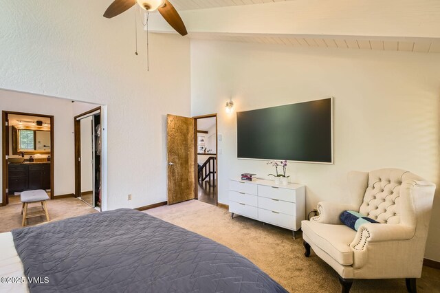 8 Charolais Cir, Edwards, CO 81632 - bedroom with carpet, high vaulted ceiling, a ceiling fan, a wood ceiling with exposed beams, and ensuite bath