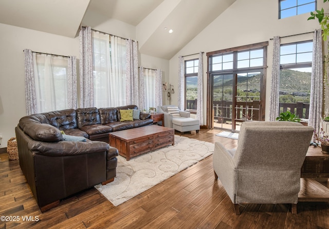 75 Aster Ct, Eagle, CO 81631 - living room featuring high vaulted ceiling, dark wood-style flooring, and recessed lighting