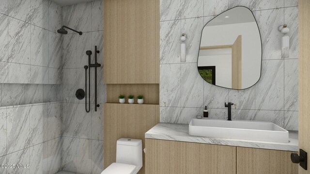 bathroom with toilet, tile walls, tiled shower, and vanity