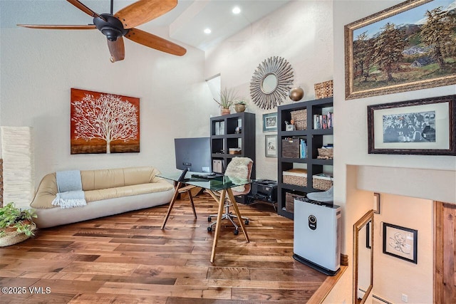 3078 Wildridge Rd Unit D, Avon, CO 81620 - office space with wood finished floors, ceiling fan, high vaulted ceiling, recessed lighting, and built in shelves