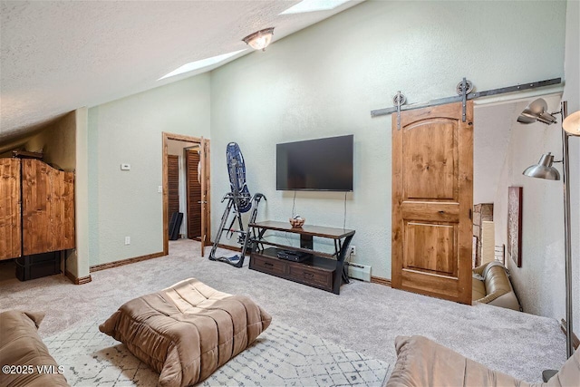3078 Wildridge Rd Unit D, Avon, CO 81620 - carpeted living area featuring vaulted ceiling, a textured wall, a textured ceiling, a skylight, and baseboard heating