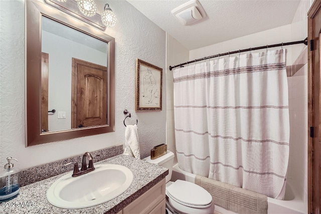 3078 Wildridge Rd Unit D, Avon, CO 81620 - full bathroom with a textured wall, vanity, shower / bath combination with curtain, and a textured ceiling