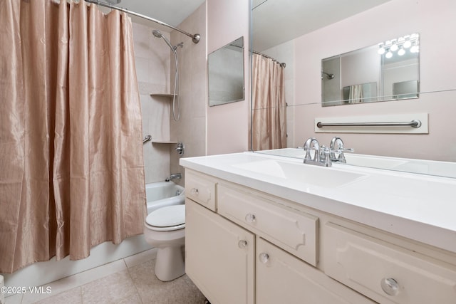 full bath featuring toilet, shower / bath combination with curtain, tile patterned flooring, and vanity