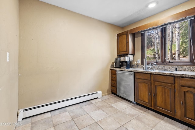bar with baseboards, a sink, a baseboard heating unit, and dishwasher