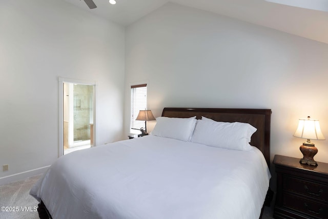 4240 Spruce Way, Vail, CO 81657 - bedroom with carpet flooring, high vaulted ceiling, ensuite bathroom, and a ceiling fan
