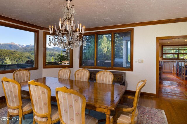 dining area featuring an inviting chandelier, a mountain view, hardwood / wood-style floors, and a textured ceiling