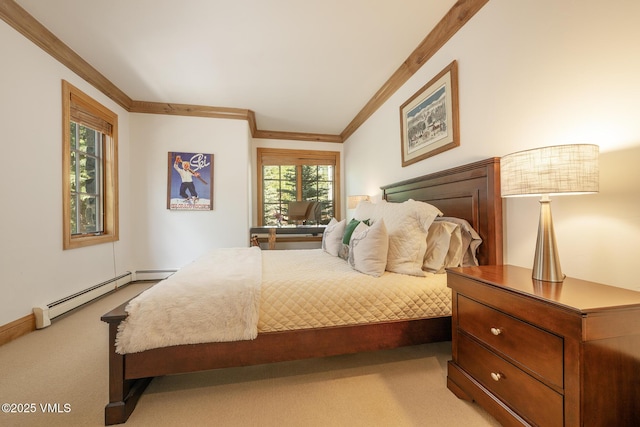 416 Forest Rd Unit A, Vail, CO 81657 - bedroom with crown molding, light colored carpet, and a baseboard heating unit