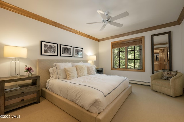 416 Forest Rd Unit A, Vail, CO 81657 - bedroom featuring a baseboard radiator, carpet, crown molding, and ceiling fan