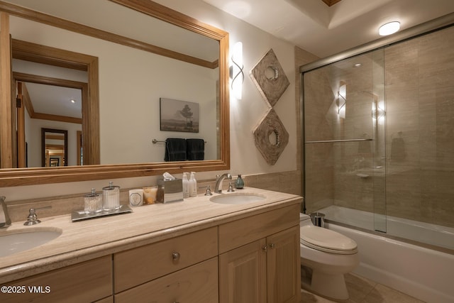 416 Forest Rd Unit A, Vail, CO 81657 - bathroom featuring double vanity, shower / bath combination with glass door, and tile patterned flooring