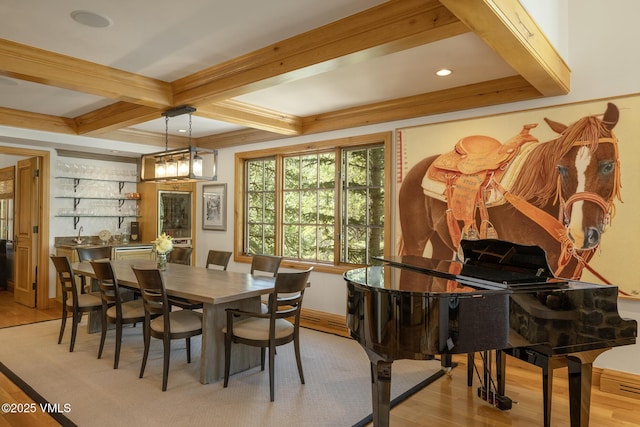 416 Forest Rd Unit A, Vail, CO 81657 - dining area featuring beam ceiling, wood finished floors, coffered ceiling, and recessed lighting