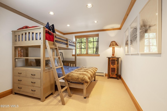 416 Forest Rd Unit A, Vail, CO 81657 - carpeted bedroom featuring ornamental molding, baseboard heating, and recessed lighting