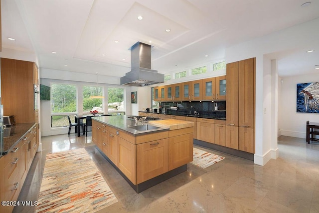 kitchen featuring decorative backsplash, stainless steel appliances, an island with sink, and island exhaust hood