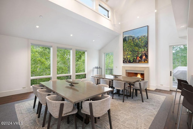 dining space featuring high vaulted ceiling and light hardwood / wood-style floors