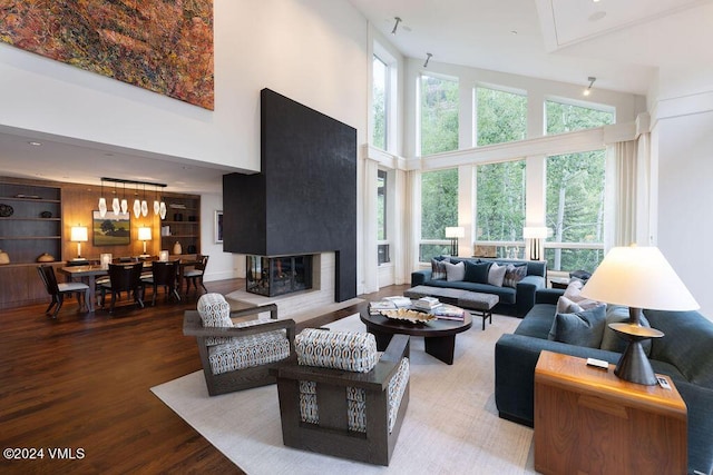 living room featuring hardwood / wood-style floors, a towering ceiling, and a multi sided fireplace