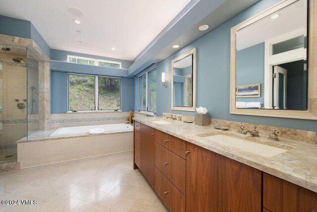 bathroom featuring vanity and separate shower and tub