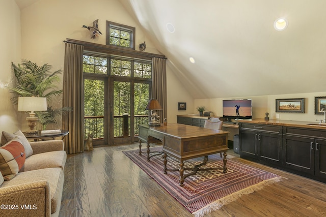 179 S Fairway Dr, Beaver Creek, CO 81620 - office area with lofted ceiling, hardwood / wood-style floors, and recessed lighting