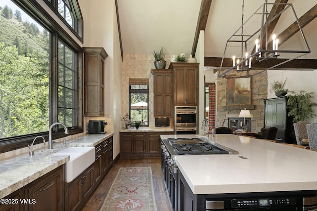 179 S Fairway Dr, Beaver Creek, CO 81620 - kitchen featuring high vaulted ceiling, plenty of natural light, stainless steel double oven, dark wood-style flooring, and beamed ceiling