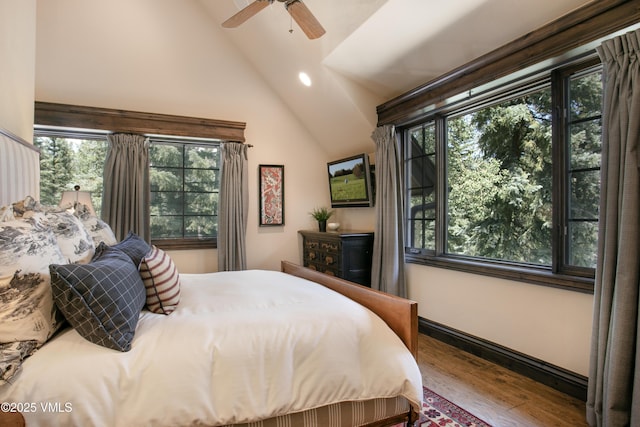 179 S Fairway Dr, Beaver Creek, CO 81620 - bedroom featuring wood finished floors, multiple windows, recessed lighting, a ceiling fan, and high vaulted ceiling