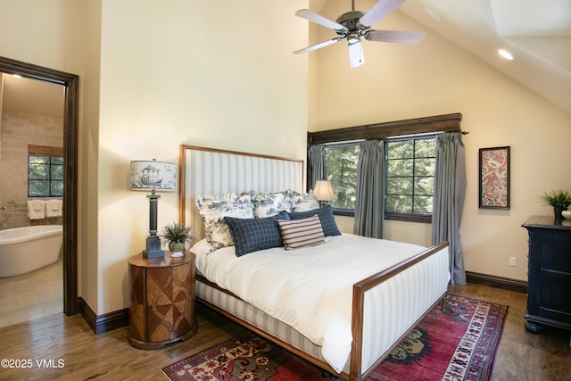 179 S Fairway Dr, Beaver Creek, CO 81620 - bedroom with high vaulted ceiling, wood finished floors, ensuite bathroom, and recessed lighting
