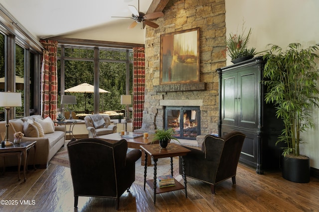 179 S Fairway Dr, Beaver Creek, CO 81620 - living area featuring lofted ceiling, a ceiling fan, hardwood / wood-style flooring, and a fireplace