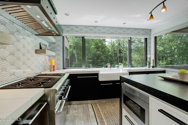 777 Potato Patch Dr Unit A, Vail, CO 81657 - kitchen with appliances with stainless steel finishes, wall chimney range hood, light wood-style flooring, recessed lighting, and white cabinetry