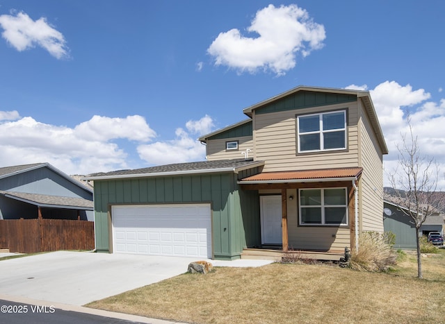 view of front of home featuring a garage, fence, roof with shingles, board and batten siding, and concrete driveway
