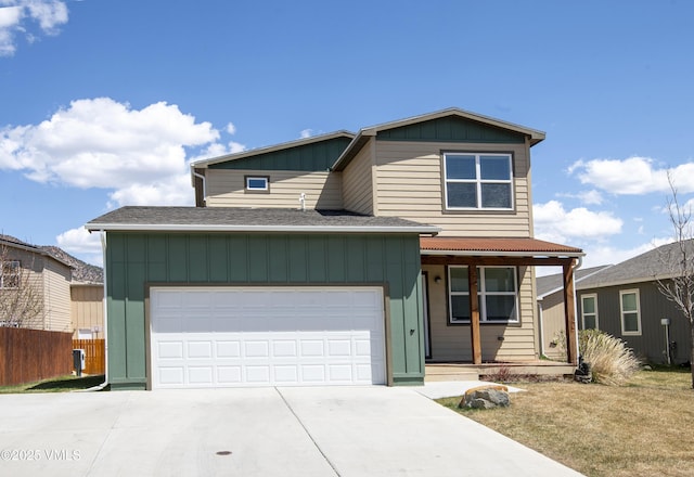 traditional-style home with a garage, fence, covered porch, board and batten siding, and concrete driveway