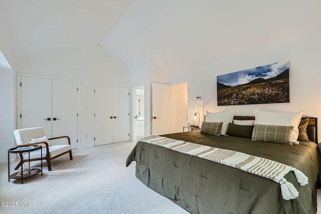 1359 Greenhill Ct Unit E, Vail, CO 81657 - bedroom with two closets, light colored carpet, and high vaulted ceiling