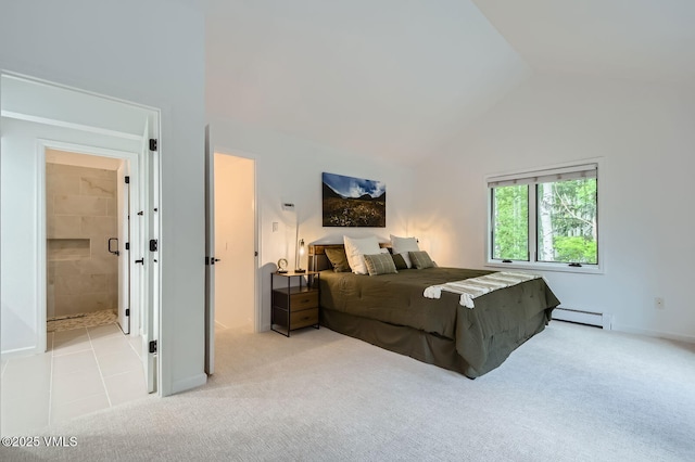 1359 Greenhill Ct Unit E, Vail, CO 81657 - bedroom with baseboard heating, vaulted ceiling, and light carpet