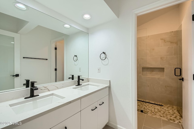 1359 Greenhill Ct Unit E, Vail, CO 81657 - full bathroom with double vanity, a stall shower, recessed lighting, and tile patterned flooring