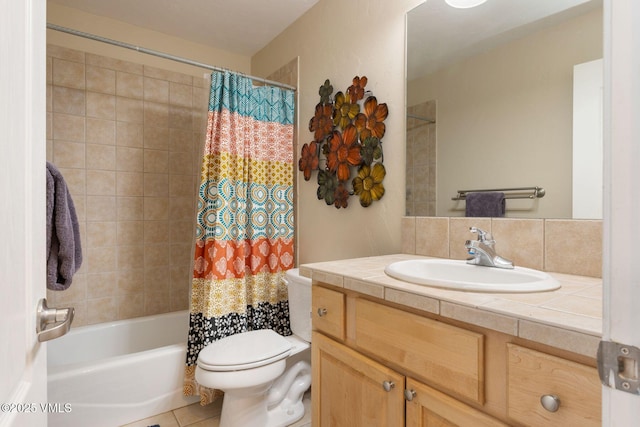 bathroom with tile patterned flooring, shower / bath combination with curtain, toilet, and vanity