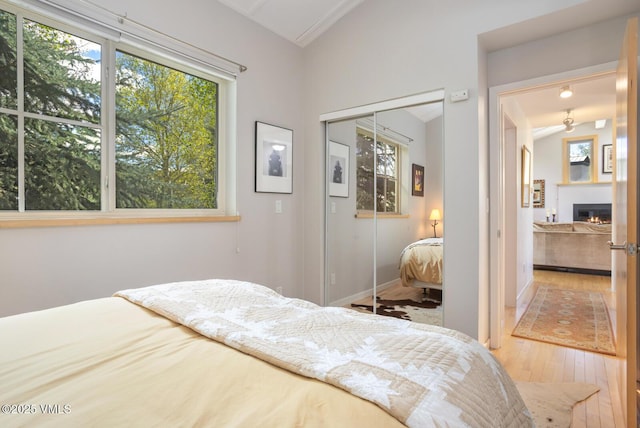 12 June Creek Rd, Edwards, CO 81632 - bedroom featuring lofted ceiling, multiple windows, wood-type flooring, a closet, and a glass covered fireplace