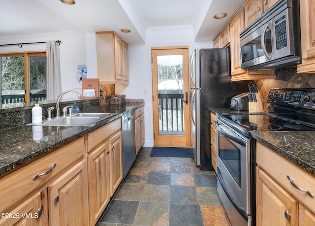 4479 Timber Falls Ct Unit 2001, Vail, CO 81657 - kitchen with appliances with stainless steel finishes, backsplash, dark stone finish flooring, ornamental molding, and light brown cabinets