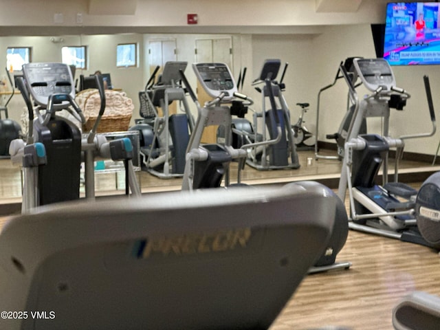 exercise room with wood-type flooring