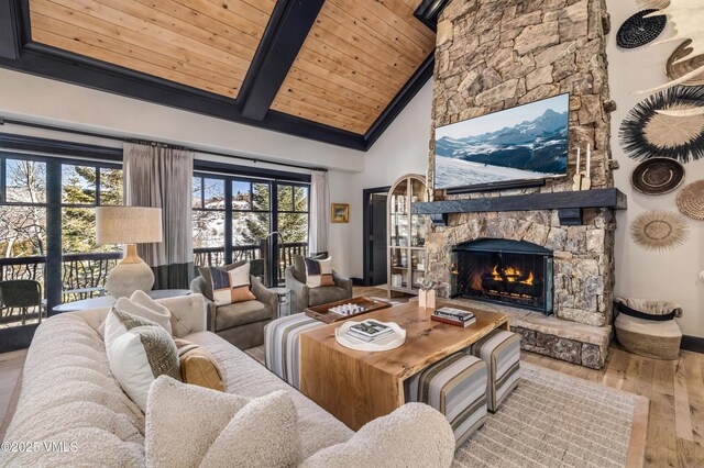 130 Daybreak Rd Unit R401, Beaver Creek, CO 81620 - living area featuring wood-type flooring, wood ceiling with exposed beams, a fireplace, high vaulted ceiling, and baseboards