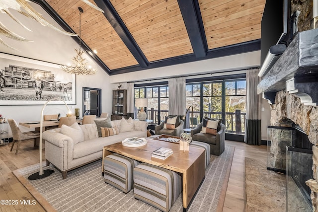 130 Daybreak Rd Unit R401, Beaver Creek, CO 81620 - living area featuring wooden ceiling with exposed beams, high vaulted ceiling, hardwood / wood-style floors, a chandelier, and a stone fireplace